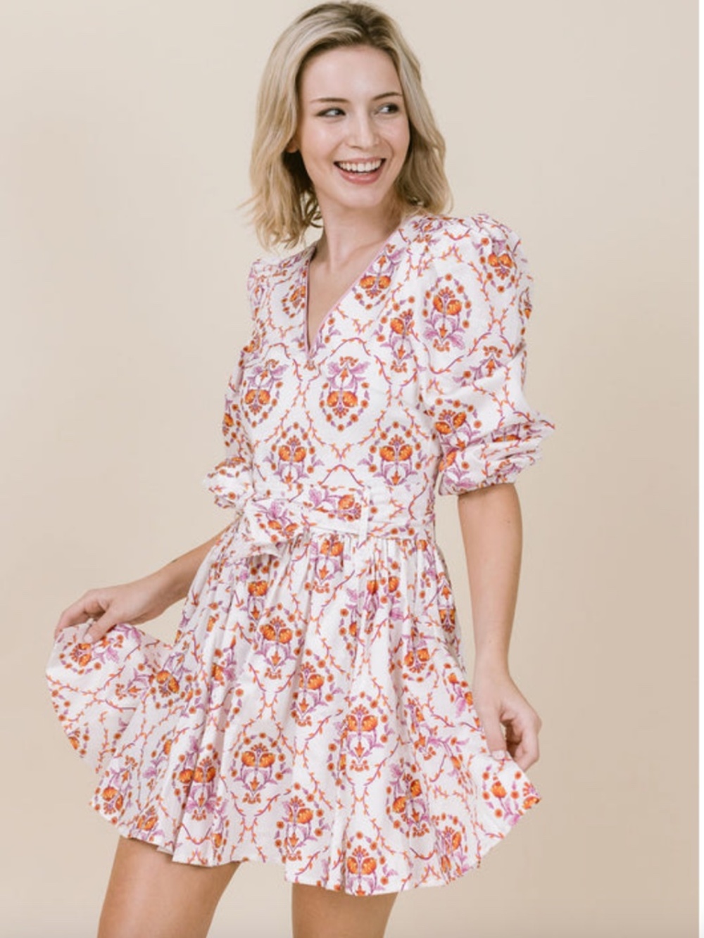 LaRoque Floral V-Neck Dress in White with Pink & Orange Print | Printed